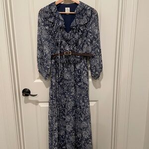Joie Dress Boho Chic Ruffle Blue Floral Maxi Size Small Belted
